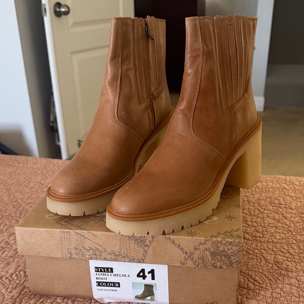 Free People Tan Leather Platform James Chelsea Block Heel Boots - Picture 5 of 8